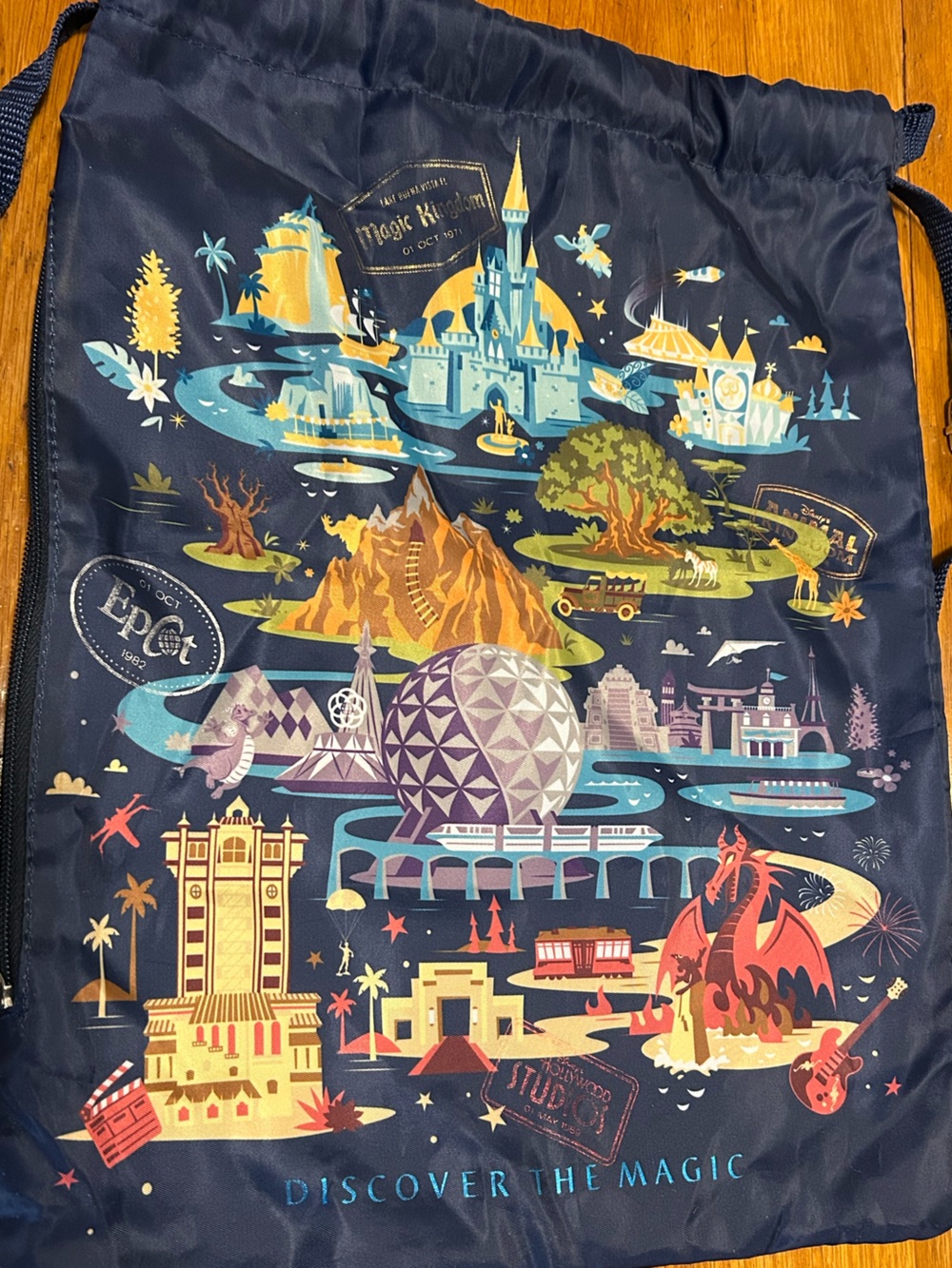 Disney Parks Walt Disney World Drawstring Backpack - 4 Park Logos Icons Blue
